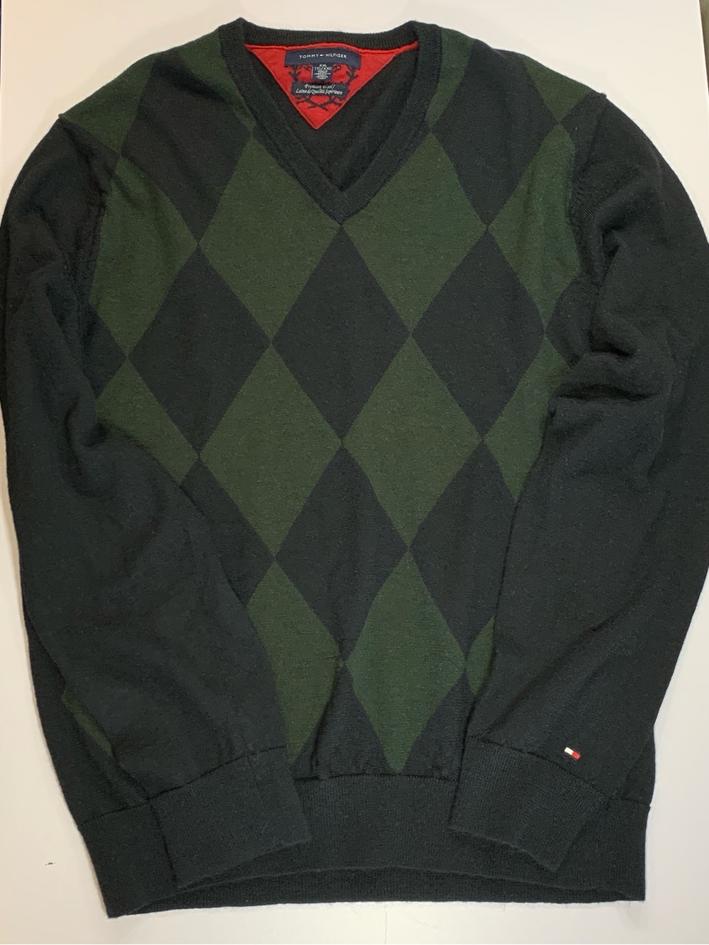 Tommy Hilfiger Wool Sweater XXL V-neck Long Sleeve Argyle Black Green Preppy